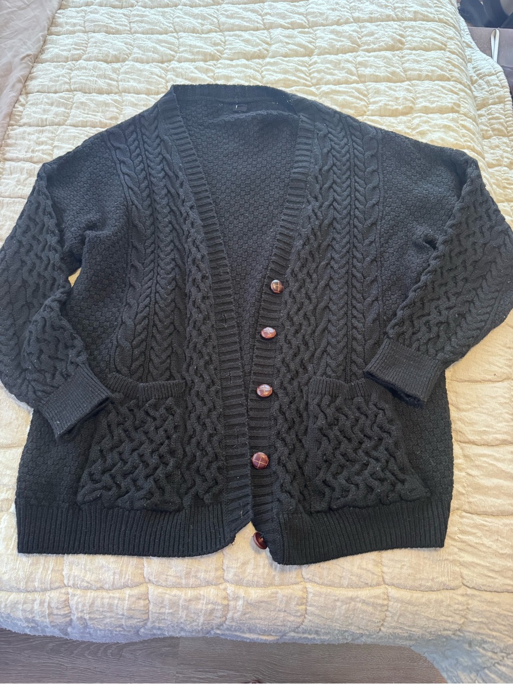 BDG Black Cable Knit Button-Up Cardigan